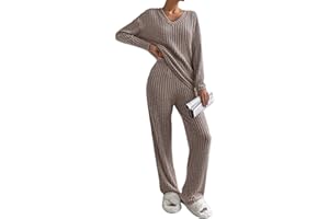 Yutdeng Tuta Donna 2 Pezzi Set Maniche Lunghe con Scollo a V e Pantaloni a Gamba Larga con Tasche Casual Completo Sportiva Set Pigiama a Costine Tuta da Ginnastica,da Jogging,da Casa