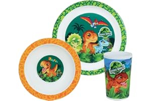 FUN HOUSE 006066 JURASSIC WORLD zestaw do jedzenia DINOSAURY KOMPLETKA Ø 22 cm, KREUSKA Ø 16 cm i szklanki 220 ml dla dzieci