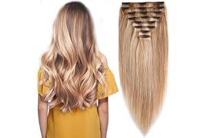 Elailite Extension Capelli Veri Clip Volumizzante Set da 8 Fasce Folte Double Weft Balayage 100% Remy Human Hair Nautrali 30cm 115g 18#/613# Beige Sabbia Biondo/Bleach Biondo
