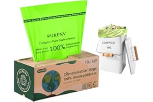 PURENV 10L Compostable Sac Poubelle, 120 Sachets Biodégradables à Déchets, 100% compostable et biodégradable, acec Certifié EN13432, Climatiquement Neutre