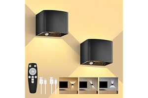 ‎GEYOULUX GeyouLux 5000mAh Akku Wandleuchte Innen mit Bewegungsmelder, Wandlampe mit Fernbedienung Einstellbar Abstrahlwinkel, 3 Modi 2700K-6500K Dimmbar Timer LED Aufladbare Wandleuchte für Treppe Flur 2 Stück