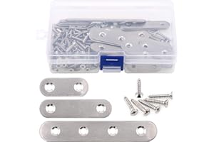 Glarks Lot de 35 équerres plates et droites en acier inoxydable de 4,1 cm/6,1 cm/10,2 cm, plaques de jonction, connecteurs de fixation et 80 vis, 115 pièces au total, argent