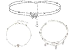 ramoni 3 Pcs Ankle Bracelets for Women,Anklets for Women,Butterfly Layered Anklets Bracelet,Foot Bracelet Silver Pearl Anklet,Adjustable Ankle Chain Layered Ankle,Beach Foot Chain,for Women Girls