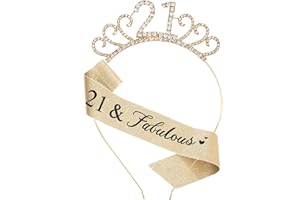 MIOSJI 21st Birthday Sash and Crystal Tiara Crown for Girl 21st Birthday Gifts for Her Party Decorations Accessories Gold
