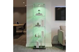 TIMORWTF Vitrina de cristal con luces LED, vitrina moderna con 4 estantes y puerta, vitrina de pared para colección, dormitorio, salón y comedor, 163 x 40 x 35 cm, color negro