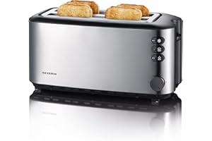 ‎SEVERIN SEVERIN Toster automatyczny, toster z długimi szczelinami i przystawką do bułek, z dużymi komorami opiekania na 4 kromki, moc 1400 W, stal nierdzewna szczotkowana/czarny, AT 2509