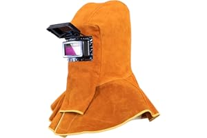 SYWAN Cowhide Leather Welder Hood Welding Helmet Protective Gear Mask Work Cap with Neck Shoulder Drape,Solar Auto Darkening Filter Lens