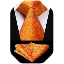 Ensemble Cravate Et Pochette HISDERN - Motif Cachemire Orange - Mariage Et Cérémonie
