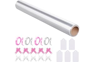 Spurly Cellophane Wrap for Hampers - 40cm x 30m Clear Cellophane Roll, Durable 3 Mil Thickness, Unfolded Gift Wrappings for Hampers, Flowers, Baskets with 10 Pull Bows, 4 Ribbon Rolls and 5 Gift Tags