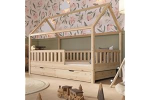 Crazy Pine Letto Casetta con Cassetti 160x80cm – Legno Naturale con Barriera – Design Scandinavo Letto Montessori a Pavimento con Piedini Regolabili in Altezza - Crazy Blanco