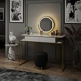 Vicco Dressing Table Tiara, White/Gold 110 cm | ✓ LED Mirror &middot; 2 Drawers &middot; Floor &middot; Round Mirror &middot; Elegant Metal Frame