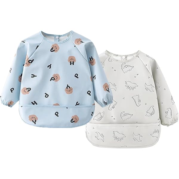 ÜneeQbaby Mouwloze Slabbetjes voor pasgeborenen en peuters, waterdicht, 2 stuks, lange mouwen, Oeko-Tex (Gebroken Wit, Dino, Klein (6-18 maanden