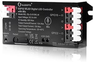 LEIKURVO WLED Controlador con micrófono, ESP32 DC 5 V-24 V Digital LED Strip Controller para tiras LED direccionables Digital RGB IC WS2811 WS2812B SK6812 WS2815 RGBW direccionable FCOB LED Strip