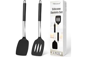 HMEUEST Silicone Spatula, 2 Pcs Heat Resistant Slotted Spatulas for Cooking, BPA Free Non Stick Flexible Silicone Spatula Set, Large Black Spatula Turner for Baking, Frying, Flipping Eggs, Pancakes