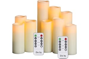 DA BY Flameless Candles LED Candles Battery Candle Set of 9(1 - H 22cm, 1 - H20cm, 1 - H18cm, 2-H16cm, 2-H14cm, 2-H13cm) Ivory True Wax Candle with Remote Timer