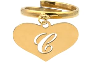 Colours & Beauty Bague Pendentif Femme avec Breloque Cœur et Initial | Bagues Femmes Réglables avec Pendentif en Acier | Breloque avec Lettre Initiale | Bague avec Initiales Couleur Or