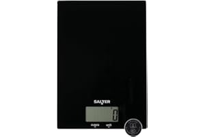 Salter 1170 BKDR Electronic Kitchen Scale - 5kg Capacity Digital Weighing Scale, Slim Design, Easy Clean Glass Platform, Add & Weigh, Measure Liquids, Easy Read LCD Display, Battery Included, Black