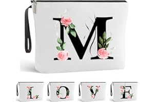 Blisswave Trousse de Toilette A-Z, Cadeaux Personnalisés pour Femmes, Fille, Maman et Amies, Noël, Anniversaires, Petite Trousse Maquillage Rose Élégante et Mignonne, Ornée de Vos Initiales (Blanc)