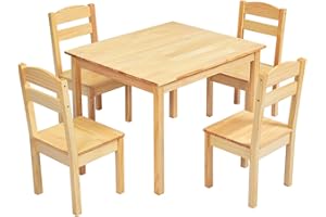 GYMAX Kids Table with 4 Chairs, Wooden Children Desk & Chair Set, 5-Piece Toddler Activity Furniture for Playing, Learning and Eating (Natural)
