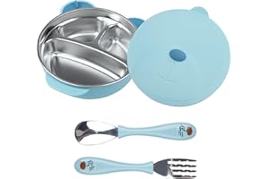 wooshwa Bol para Bebé de Acero Inoxidable con Ventosa, Cuchara, Tenedor, Tapa, Apto para el Lavavajillas, 400ML (Azul)