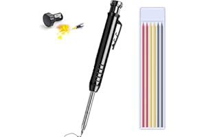 Spopal Carpenters Pencil, [Built-in Sharpener] Mechanical Carpenters Pencil with 7 Solid Marker Refills, Long Head Deep Hole Marker Tools for Construction & Woodworking (Black)