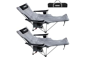 POEPORE Lot de 2 chaises de camping, de relaxation, pliables, jusqu'à 120 kg, réglables en 4 positions, légères, avec tampon en coton amovible, repose-pieds et poches pour accoudoirs double face, noir