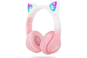 SENCU Wireless Headphones Kids, Cat Ear LED Light Up Foldable Kids Bluetooth Headphone,HD Stereo Sound Childrens Headphones Built in Microphone for PC/Phone/iPad/Study/Travel (gradient pink)