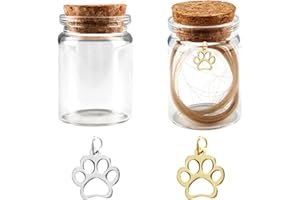 WISESURF 2 Pcs Pet Hair Memorial Bottle with 2 Pcs Pawprint Charm, Pet Fur Hair Keepsake Bottles with Cork, Small Glass Vial for Cat Dog Hair Ashes Loss Gift for Preserve Small Mammals Precious Memories, 30ml