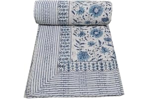 MAVISS HOMES Indian Hand Block Print Kantha Quilt Queen Size Quilt Kantha Bedspread White Quilt Cotton Kantha Throw Bedding (Twin 90 X 60 Inch, White)
