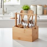 Deconox Bamboo Carrying Handle Multi-Purpose Organizer - 6 Compartment Cutlery | Office, Bathroom and Desktop Caddy Organizer (21.6