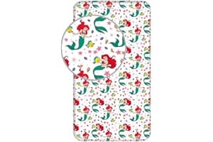 Jerry Fabrics Spannbettlaken für Einzelbett, Ariel Friends, Bettwäsche aus 100 % Baumwolle, bequem und atmungsaktiv, niedliches Disney-Prinzessinnenmotiv Arielle
