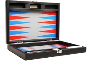 Silverman & Co. 13-inch Premium Backgammon Set - Travel Size - Black Board, Scarlet Red and Patriot Blue Points