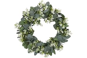 KALSEY Door Wreath with Flowers, Artificial Eucalyptus Wreath, Faux Greenery Door Wreath, Eucalyptus Plastic Door Wreath,for Indoor Farmhouse Front Door Bedroom Wall Window Festival Celebration Décor