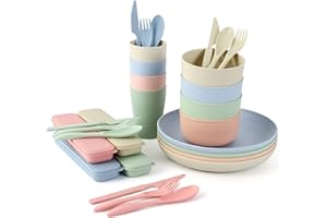LAUREL & MASON 28Pcs Camping Dinnerware Set for 4 - Cups, Bowls, Plates, Cutlery - Dinner Tableware, Dishwasher & Microwave Safe, Durable