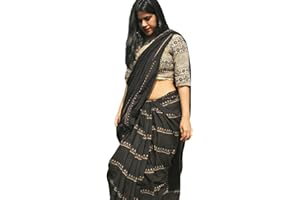 Jaanvi fashion Damen Handblockdruck Mul Baumwolle Sari mit Blusenteil, Schwarz 06