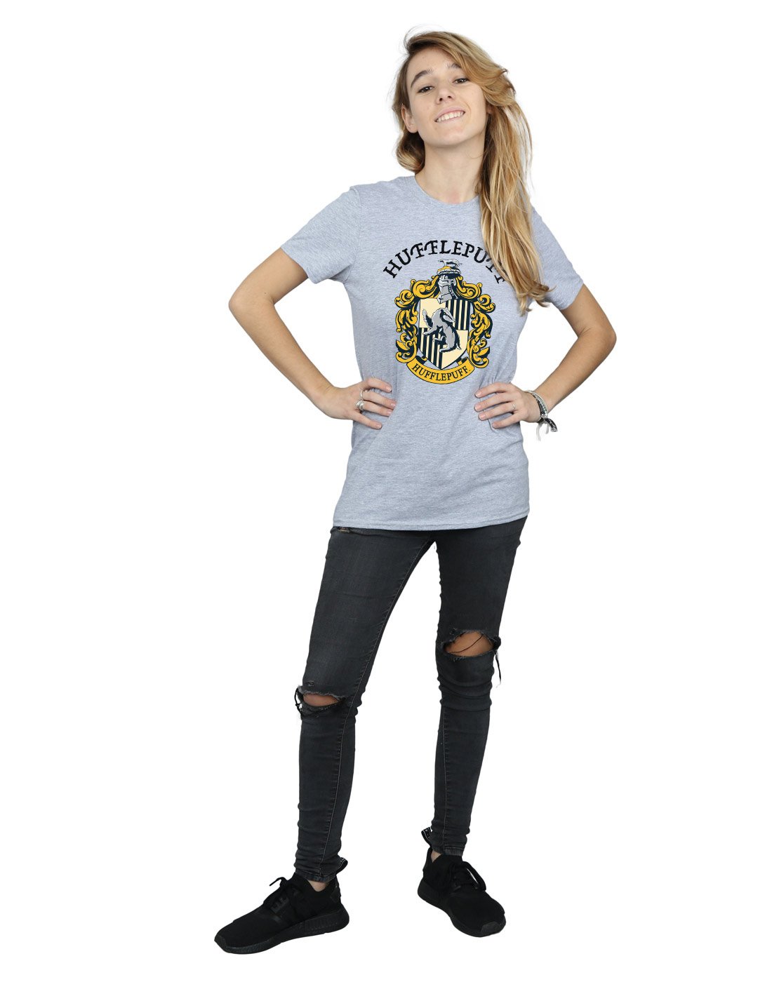 Absolute-Cult-Harry-Potter-Damen-Hufflepuff-Crest-Boyfriend-Fit-T-Shirt-Sport-Grau-Small