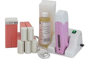 EpilWax Wachswärmer Waxing Set für Enthaarung Haarentfernung mit Aufsteller – Mit 6 Rosa Roll On Wachspatronen, Waxing Gerät, 100 Vliesstreifen und Nachbehandlungsöl