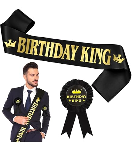 Écharpe Roi Anniversaire AFCJLTO - Ensemble 2 Pièces Avec Insigne Et Bannière Satin Noir Feuille D'or - Accessoire Fête Homme Et Garçon
