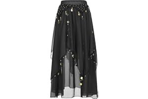 inhzoy Femme Jupe de Danse du Ventre Belly Jupe Longue Danse Orientale en Mousseline de Soie Foulard à Sequin Écharpe Costume Performance Dansewear