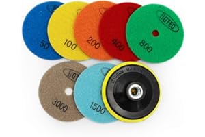 BGTEC 100mm Dry Diamond Polishing Pads Set,7 Pieces Pads Plus Plastic Foam Hook and Loop Backing Pad for Marble Stone Quartz Tiles Floor Edges Countertop Polishing