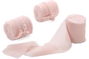 FREEASY Nude Pink Chiffon Ribbon 3 Rolls 1.5 inch X 5 Yard Light Pink Handmade Fringe Silk Ribbon Set for Gift Wrapping, Wedding Invitations, Bridal Flower Bouquets, DIY Crafts