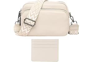 YILCER Crossbody Bag for Women, Small Genuine Leather Camera Handbag Wide Strap Ladies Cross Body Bag, Pom Pom Bags Crossover Shoulder Bags with Card Slot, Beige