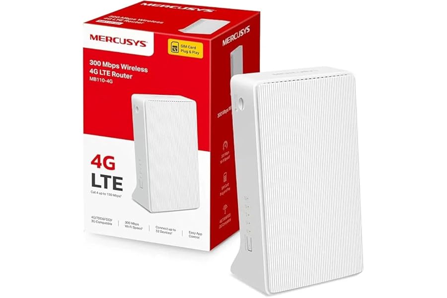 Mercusys - MB110-4G, Router 4G SIM, LTE CAT4, Wi-Fi 300Mbps, Compatible con Todos los operadores, FDD y TDD, Plug&Play, Conec