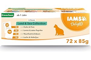 IAMS Delights Nourriture Humide pour Chat adulte stérilisé ou non – Lot de 72 sachets fraicheurs - 4 recettes Terre / Mer en sauce - Sans OGM, sans colorants ni arômes artificiels - 72 x 85g