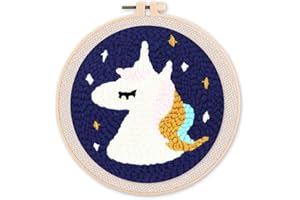 Figured'Art Punch Needle Kit Complet pour Adultes et Enfants - Licorne - Parfait pour Débutant. Set prêt à broder taille 20x20cm avec cadre circulaire