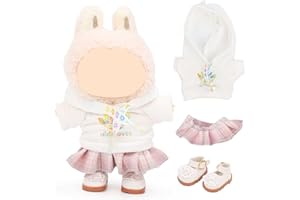 LEWOTE Set di vestiti compatibile con bambola Labubu, cappello completo ornamenti set di accessori per bambola da 17cm / 6,7 pollici (Hoodie/Checkered Half Skirt/Princess Shoes White)