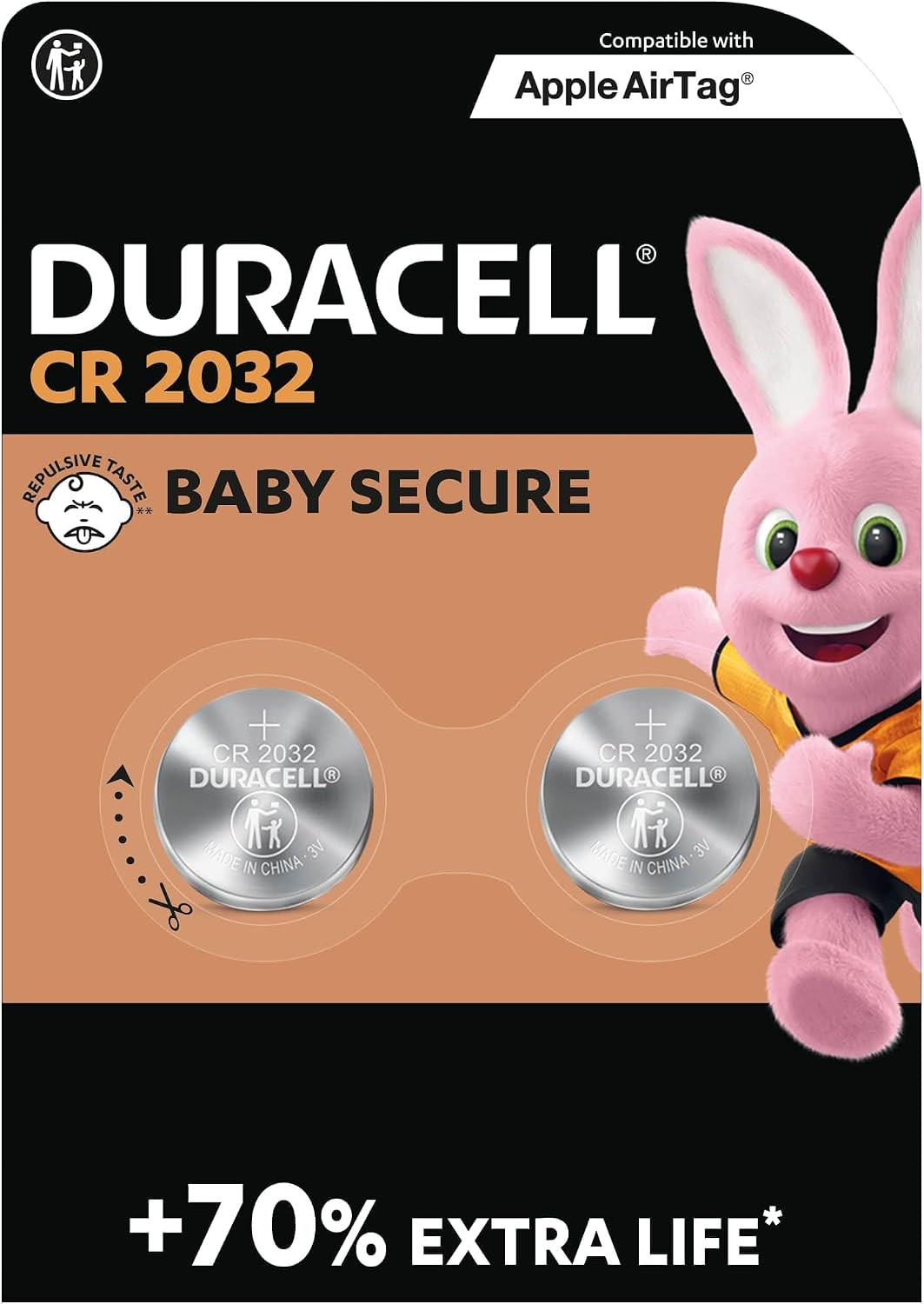 Duracell CR2032 Lithium Coin Batteries 3V (2 Pack) - Up to 70% Extra Life* - Baby Secure Technology – Recommended for use in Apple AirTag - Use in Key Fobs, Home Devices, Fitness, Medical Accessories