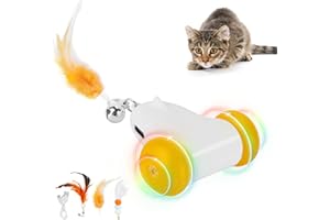 HAPPY HACHI Jouet Interactif pour Chat, 2 Vitesses Réglables, Mouvement Irrégulier USB Rechargeable Jouet Chat Interieur, avec Lumière LED Colorée, stimule l'instinct de Chasse, avec 3 Plumes