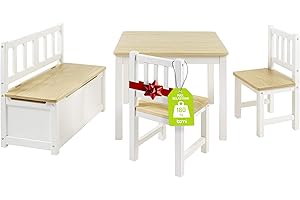 Bomi Kindersitzgruppe Anna mit integrierter Spielzeugkiste | Kinderzimmer-Set inkl. Kindertisch mit 2 Stühlen & Kindertruhenbank | Kindermöbel aus FSC nachhaltigem Kiefer Massiv Holz | Weiß Natur