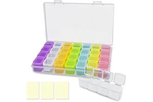 MultiValue Caja para Abalorios, 28 Compartimentos Plástico Caja de Bordado de Diamantes Extraíble Organizador para Abalorios con 3 Etiquetas Adhesivas para Clasificar Joyas (Color, 1)